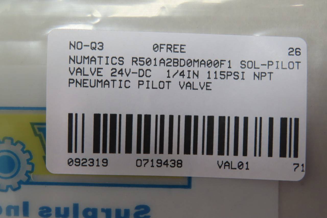 NUMATICS R501A2B70MA00F1 Pneumatic Pilot Valve 24V-DC 115PSI NUMATICS R501A2B70MA00F1 Pneumatic Pilot Valve 24V-DC 115PSI