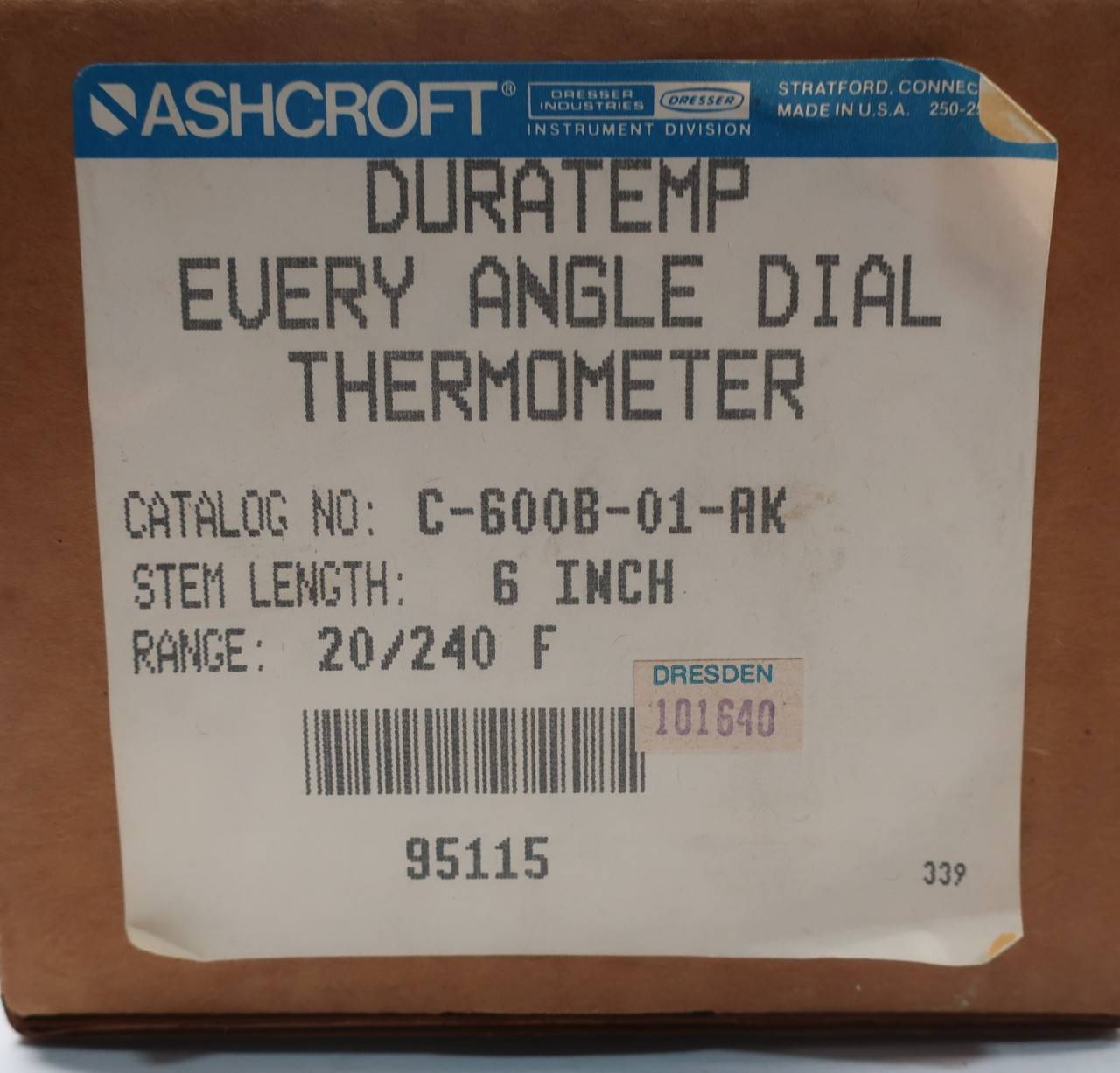 ASHCROFT C-600B-01-AK DURATEMP Gas ACTUATED Thermometer 4-1/2IN 6IN 20-240F 