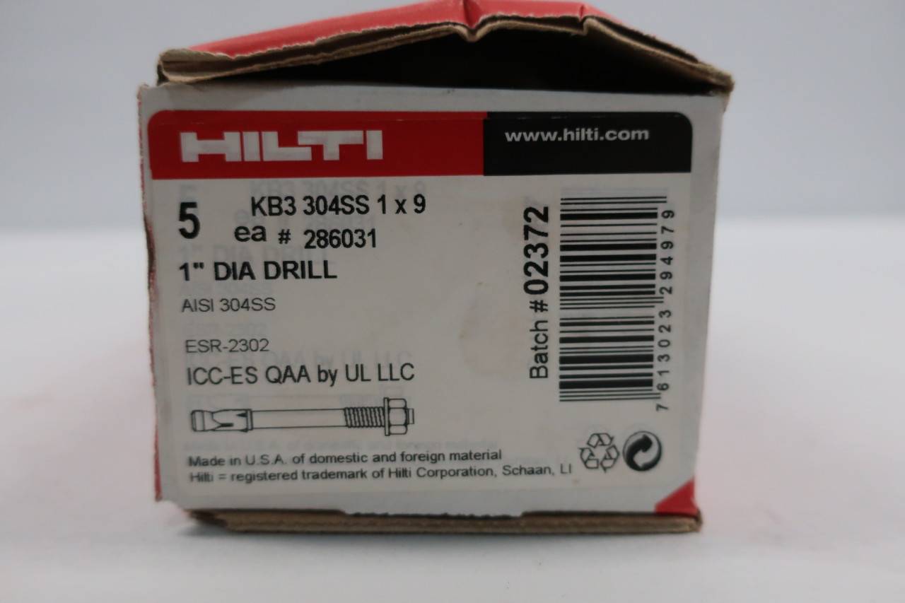 Box of 5 HILTI 286031 KB3 304SS KWIK Bolt II Stainless Expansion Anchors 1INX9IN 