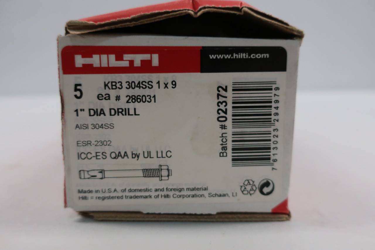 Box of 5 HILTI 286031 KB3 304SS KWIK Bolt II Stainless Expansion Anchors 1INX9IN Box of 5 HILTI 286031 KB3 304SS KWIK Bolt II Stainless Expansion Anchors 1INX9IN