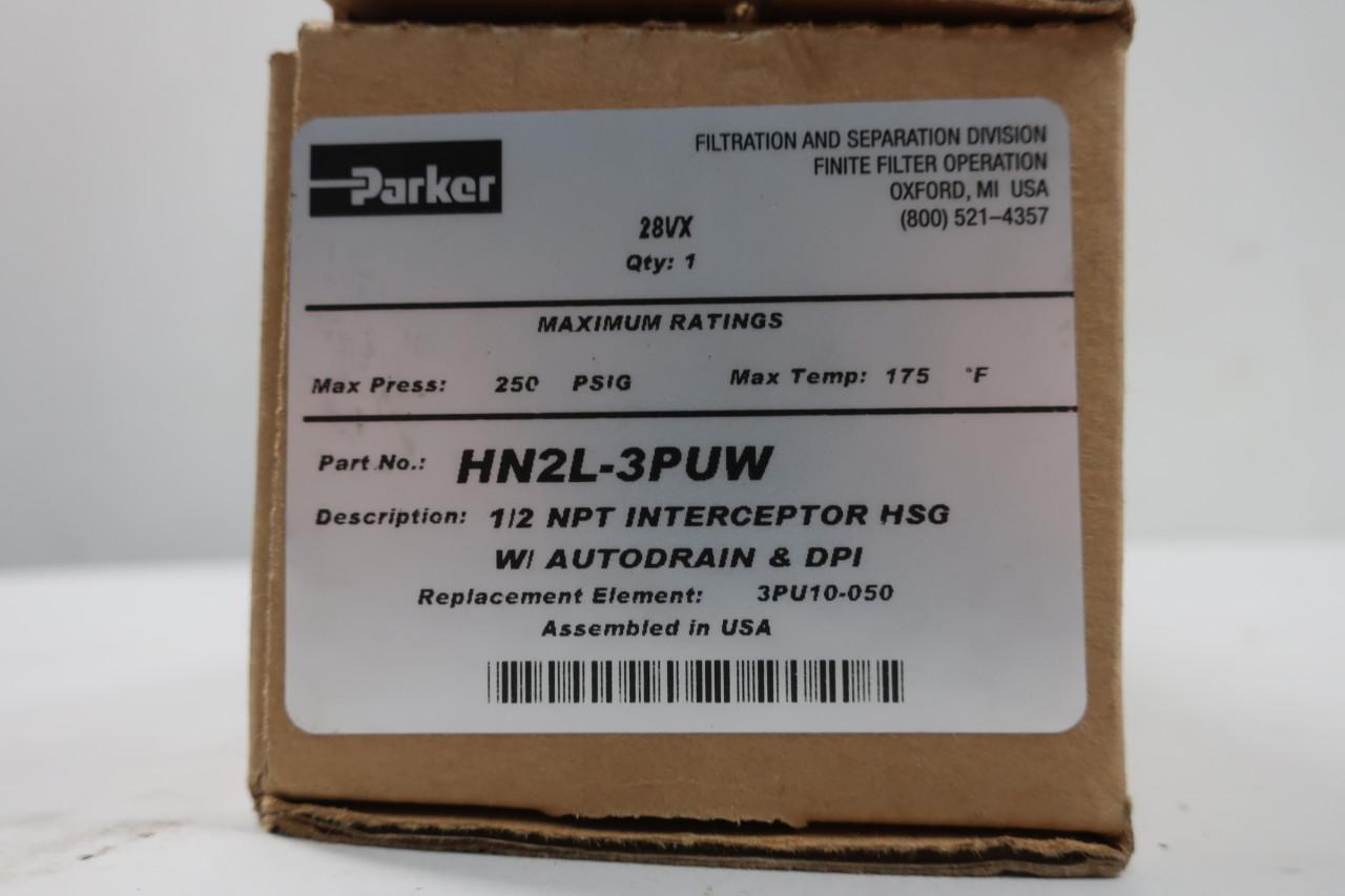 NEW PARKER 1/2" NPT FILTER INTERCEPTOR HSG W/ AUTODRAIN & DPI 250 PSIG HN2L-3PUW 