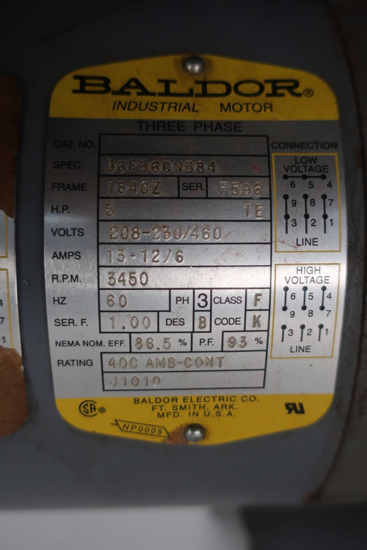 Baldor 36F360W384 Motor 184cz 3ph 5hp 3450rpm 208-230/460v-ac