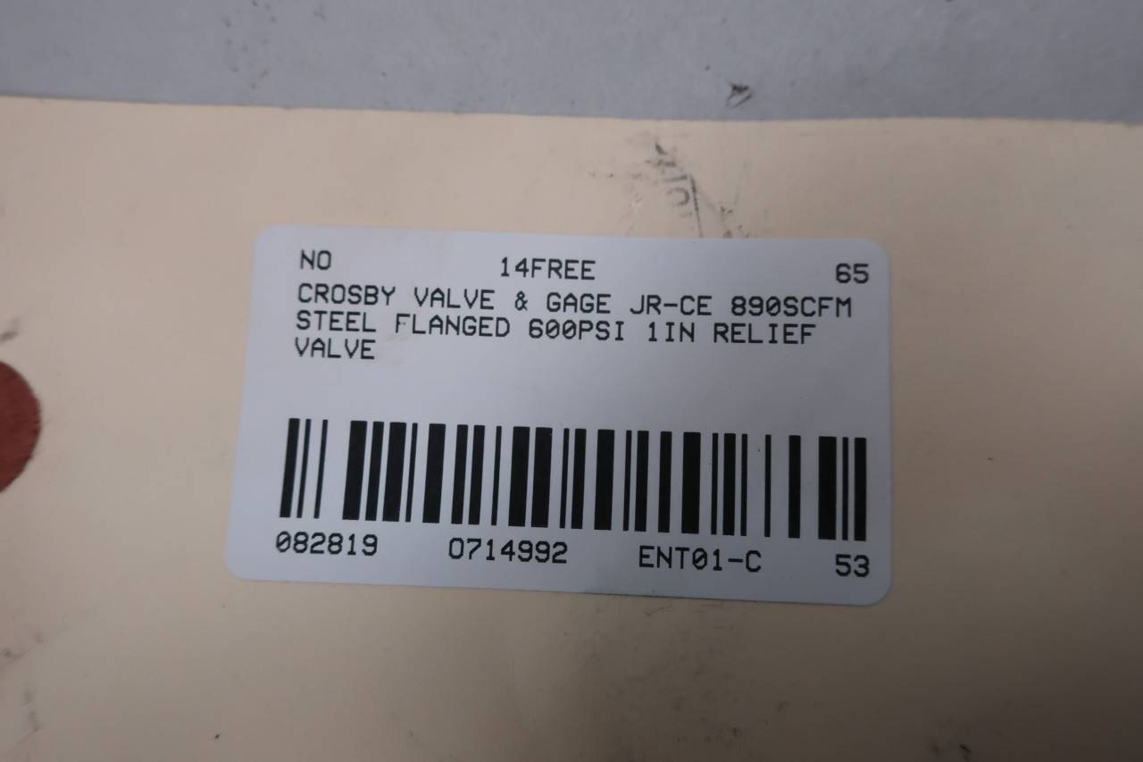 CROSBY VALVE & GAGE JR-CE Steel FLANGED Relief Valve 890SCFM 600PSI 1IN CROSBY VALVE & GAGE JR-CE Steel FLANGED Relief Valve 890SCFM 600PSI 1IN