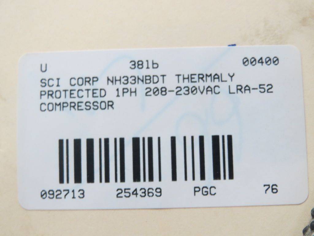 Sci Corp NH33NBDT Thermaly Protected 1ph 208-230vac Lra-52 Compressor  B254369