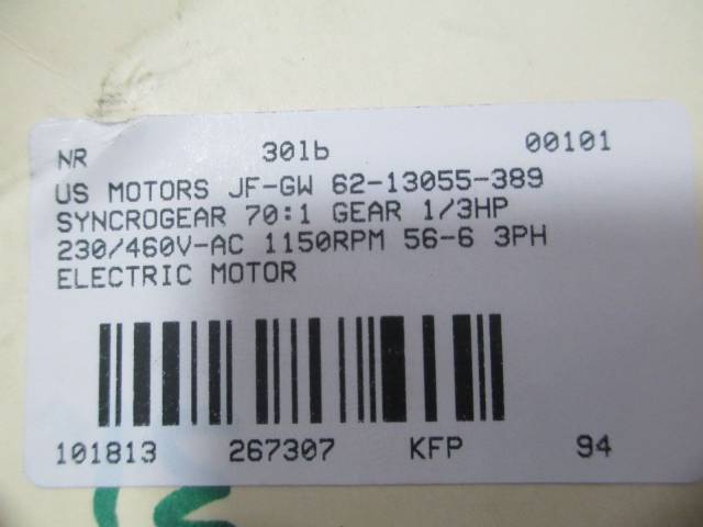 US MOTORS JF-GW 62-13055-389 SYNCROGEAR 70:1 1/3HP 230/460V GEAR MOTOR ...