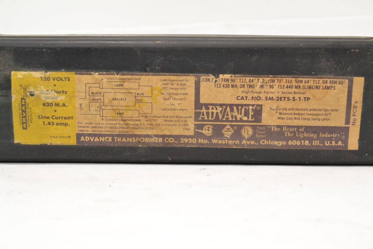 Advance Transformer Co SM2E75S1TP 120V 1.4 Amps 2 lamps Lighting Ballasts & Starters
