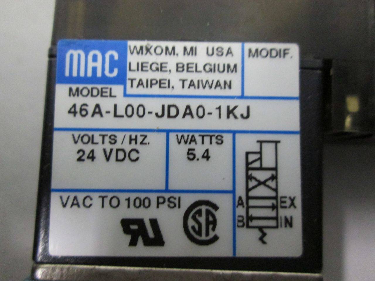 24VDC 100PSI MAC VALVES INC 46A-L00-JDA0-1KJ 5.4W Solenoid Valve 