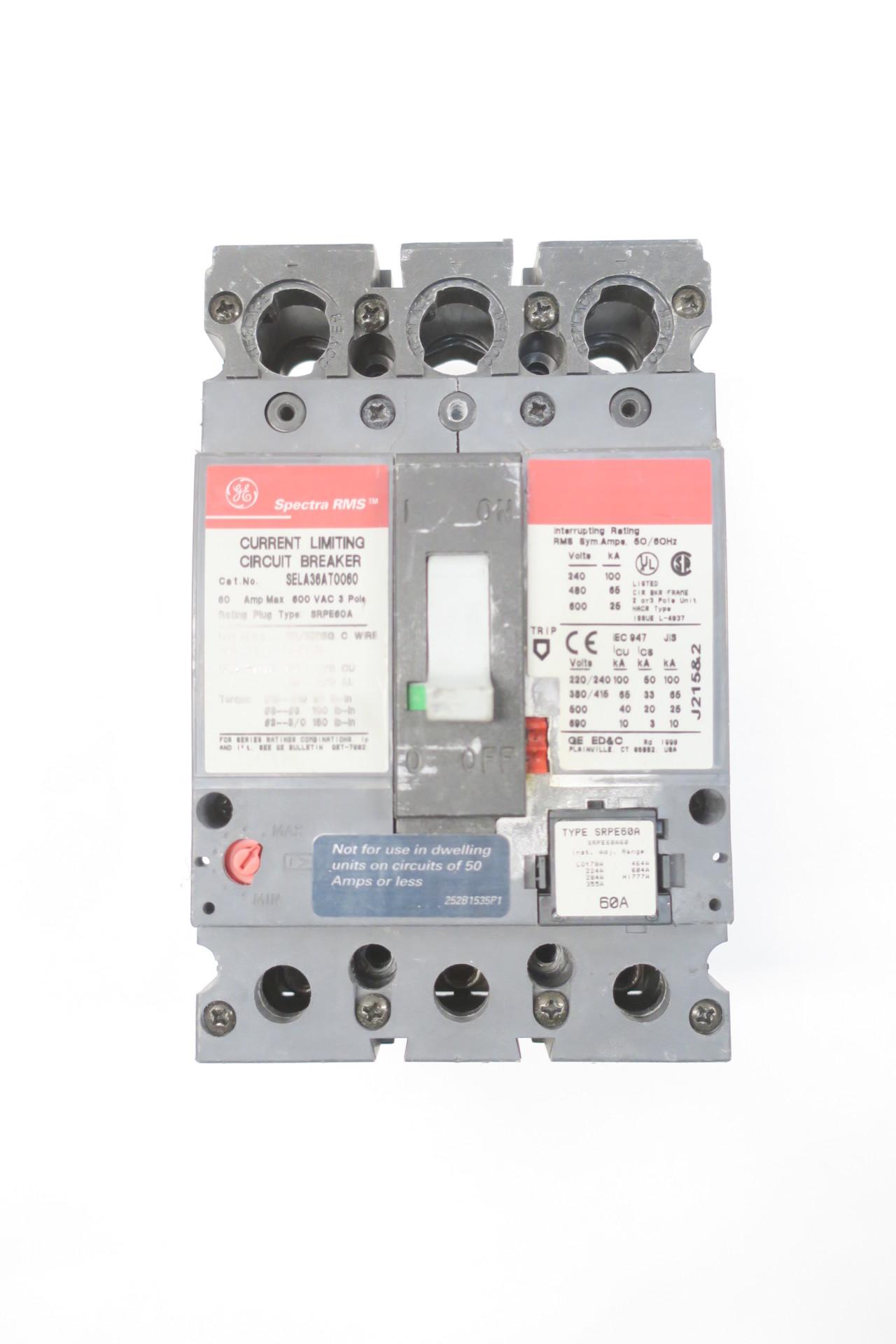 GE SPECTRA RMS 60A 600VAC 3P CURRENT LIMITING CIRCUIT BREAKER SELA36AT0060