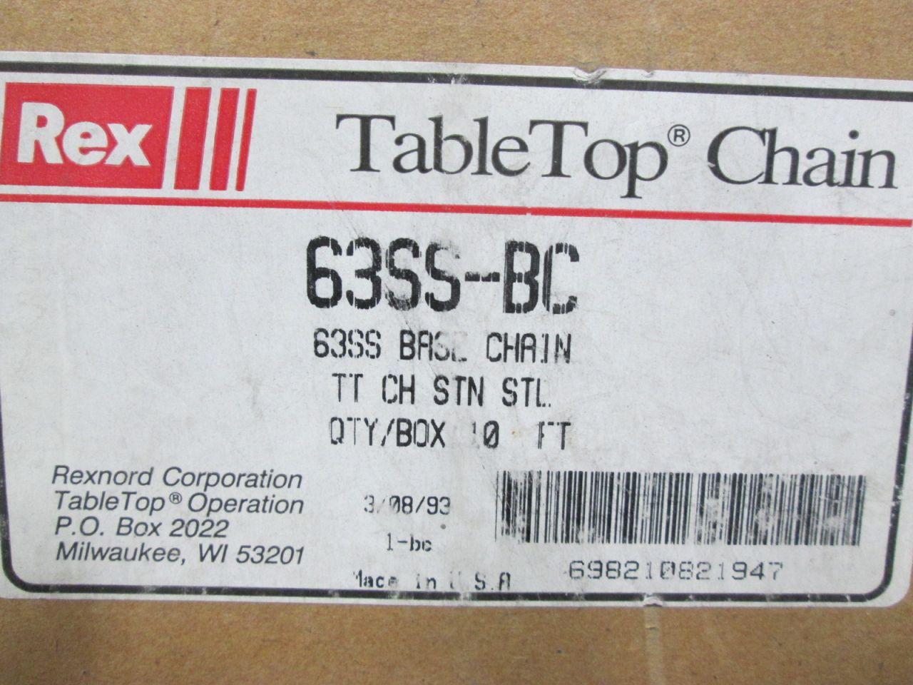 Rexnord 63SS-BC 10ft Stainless Steel Tabletop Chain, 3/4in Pitch - Industrial Strength