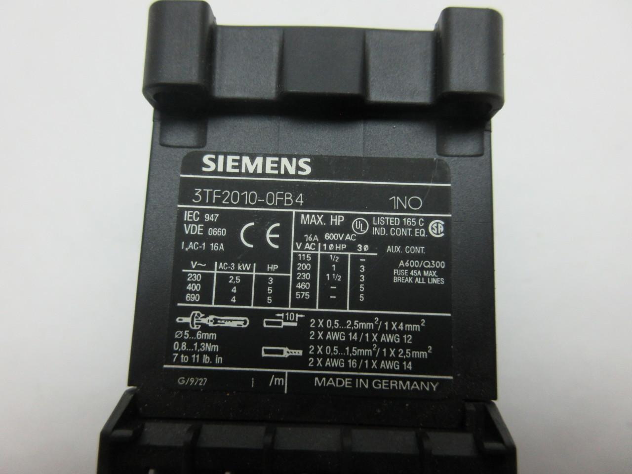 Siemens 3TF2010-0FB4 16a Amp 24v-dc 5hp Size 00 Ac Contactor 