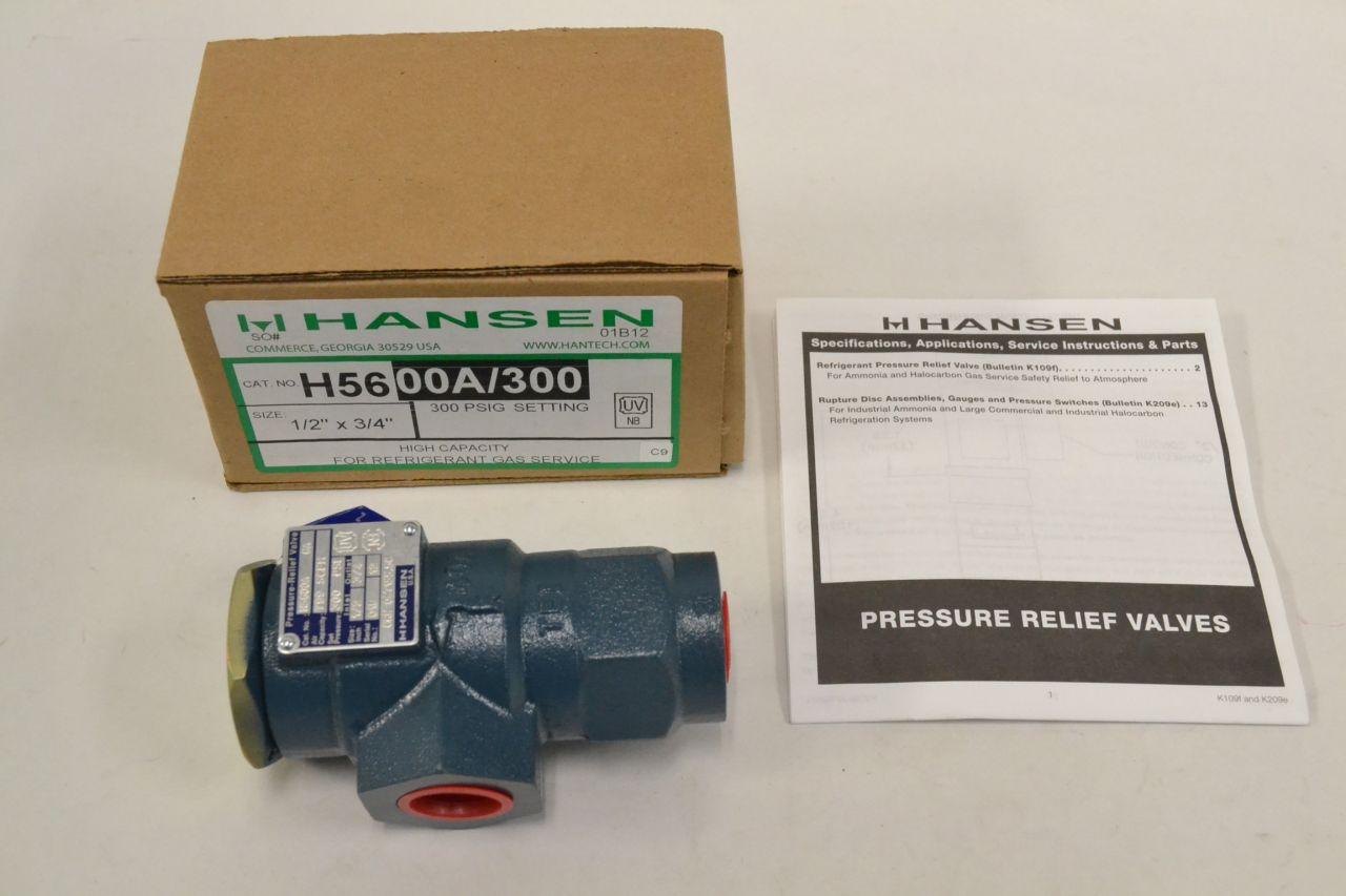 Hansen H5600A Pressure Relief Valve 1/2"x3/4"300 PSI For Refrigerant Gas Service 
