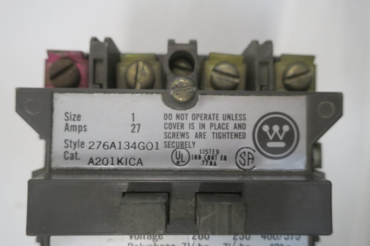 Westinghouse 276A134G01 Motor Starter Size 1 27 A 600 V 10 HP A201KICA 120V Coil 