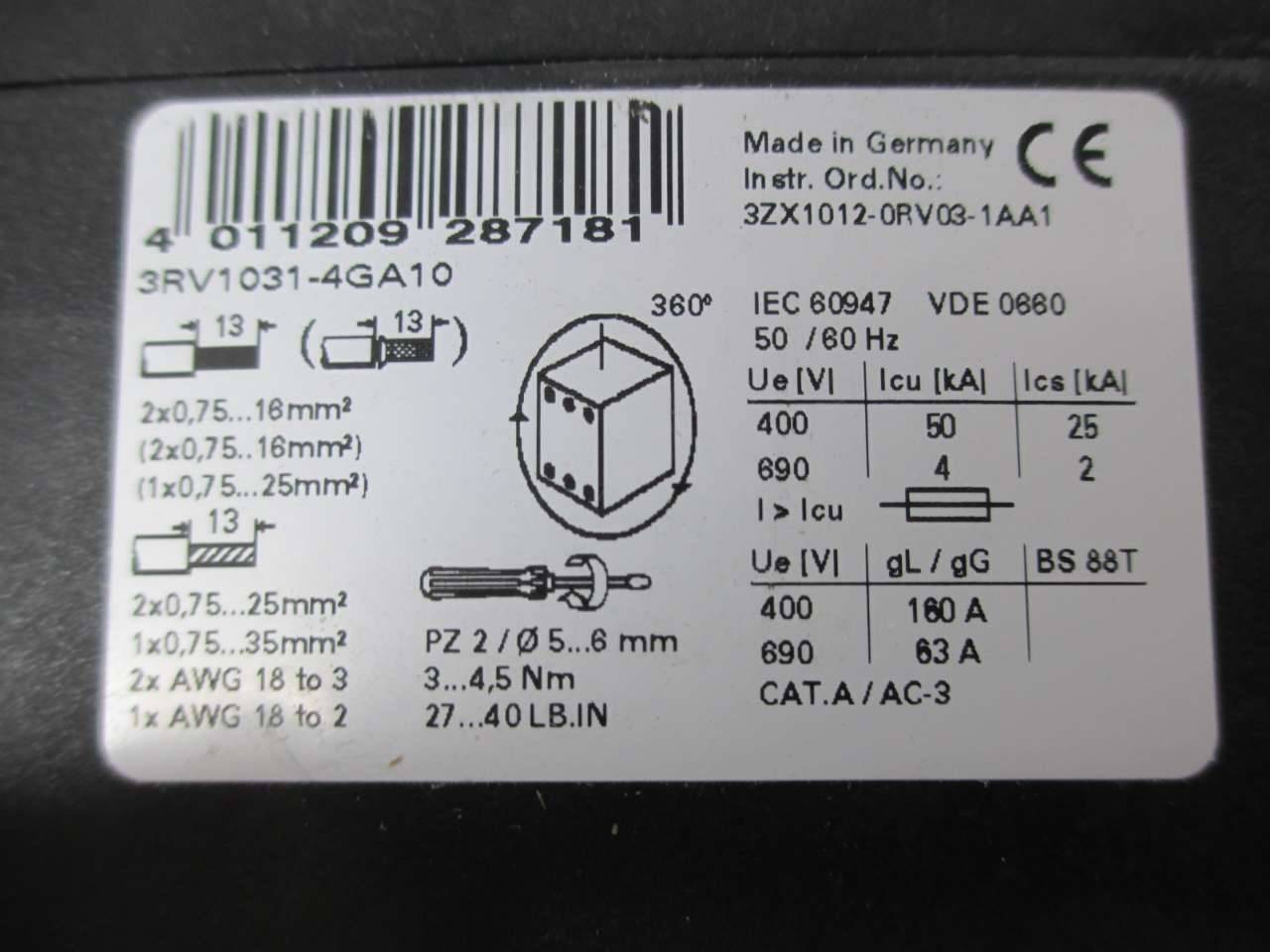 Siemens Sirius 3rv1031-4ga10 3rv1 031-4ga10 E 05 Disjoncteur-UNUSED Siemens Sirius 3rv1031-4ga10 3rv1 031-4ga10 E 05 Disjoncteur-UNUSED