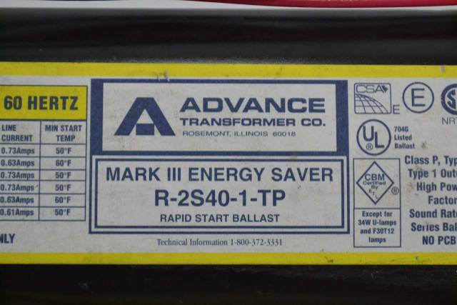 ADVANCE R-2S40-1-TP MARK III ENERGY SAVER BALLAST 120V-AC LIGHTING B357113