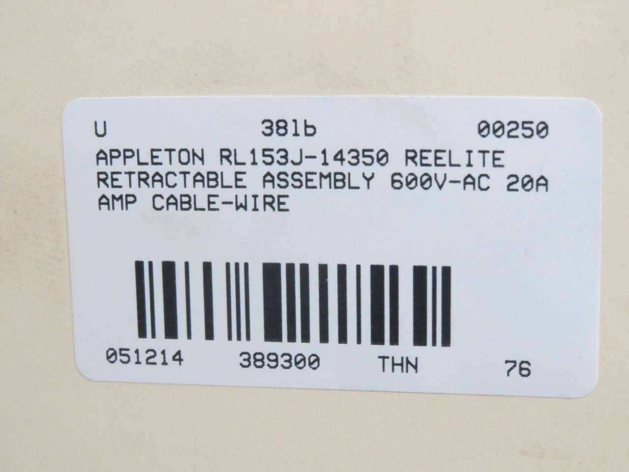 Appleton RL153J-14350 Reelite Retractable Cord Reel 600v 20a Cable-wire  B389300