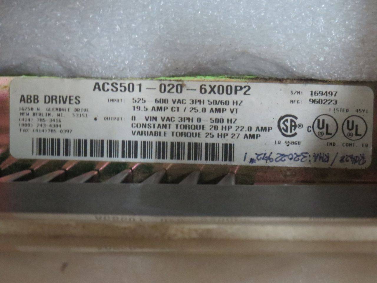 Abb Acs501 0 6x00p2 hp 600v Ac 19 1 2a Adj Frequency Ac Motor Drive