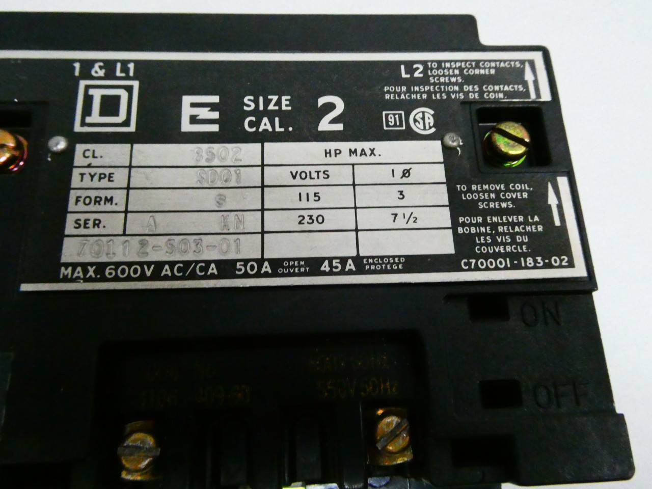 Square D 8502SDO1 Ac Contactor 600v-ac 45a Amp Size 2