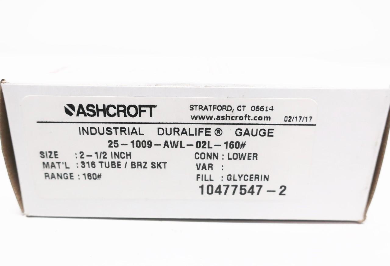 Ashcroft 25-1009-AWL-02L-160# Duralife 2-1/2in 1/4in Npt 0-160psi Pressure Gauge 
