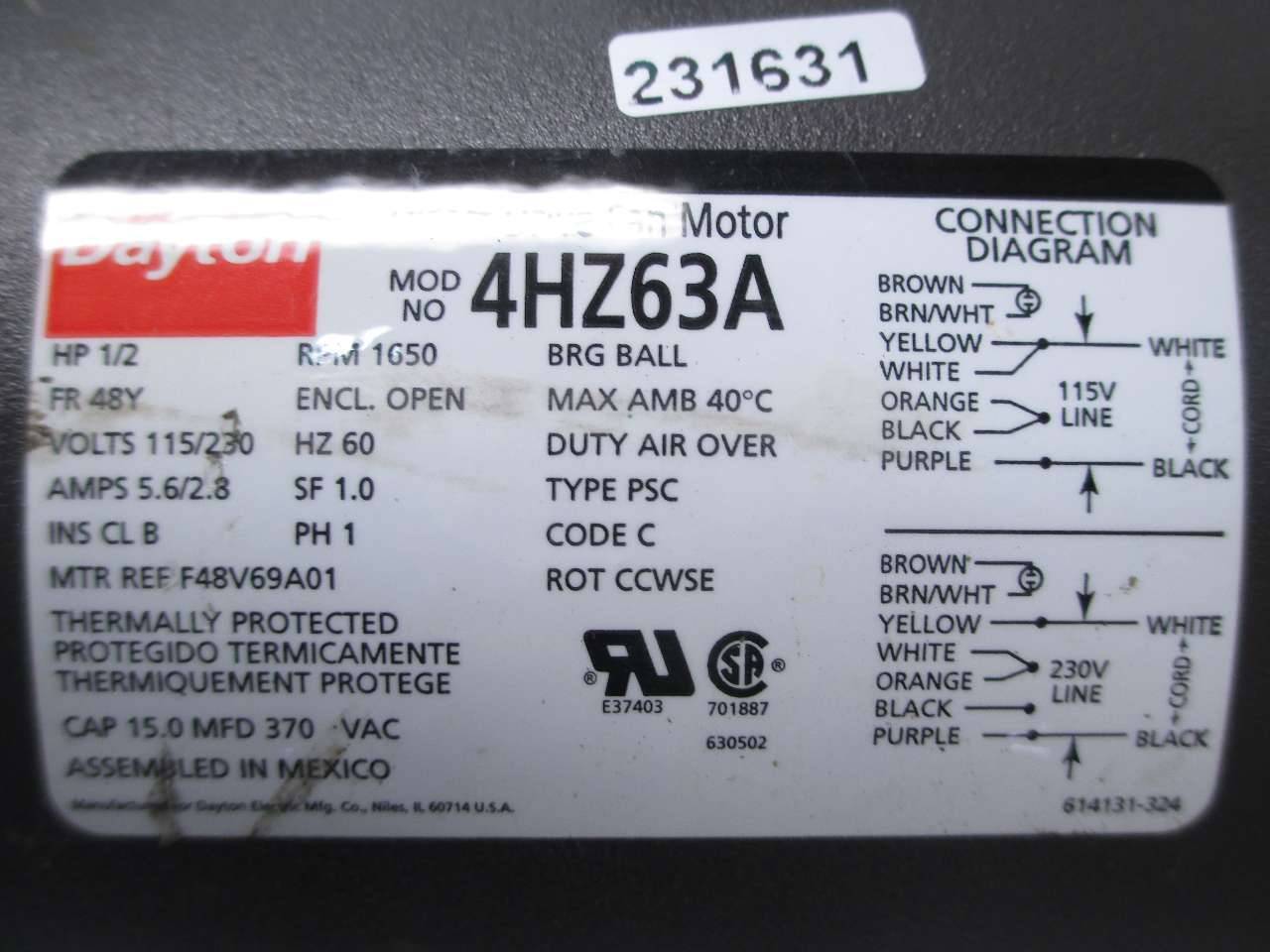 Dayton 4HZ63A 1/2hp 115/230vac 1650rpm 48y 1ph Ac Electric Motor D401080