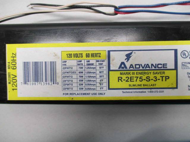 ADVANCE R-2E75-S-3-TP 120V-AC FLUORESCENT BALLAST D416340