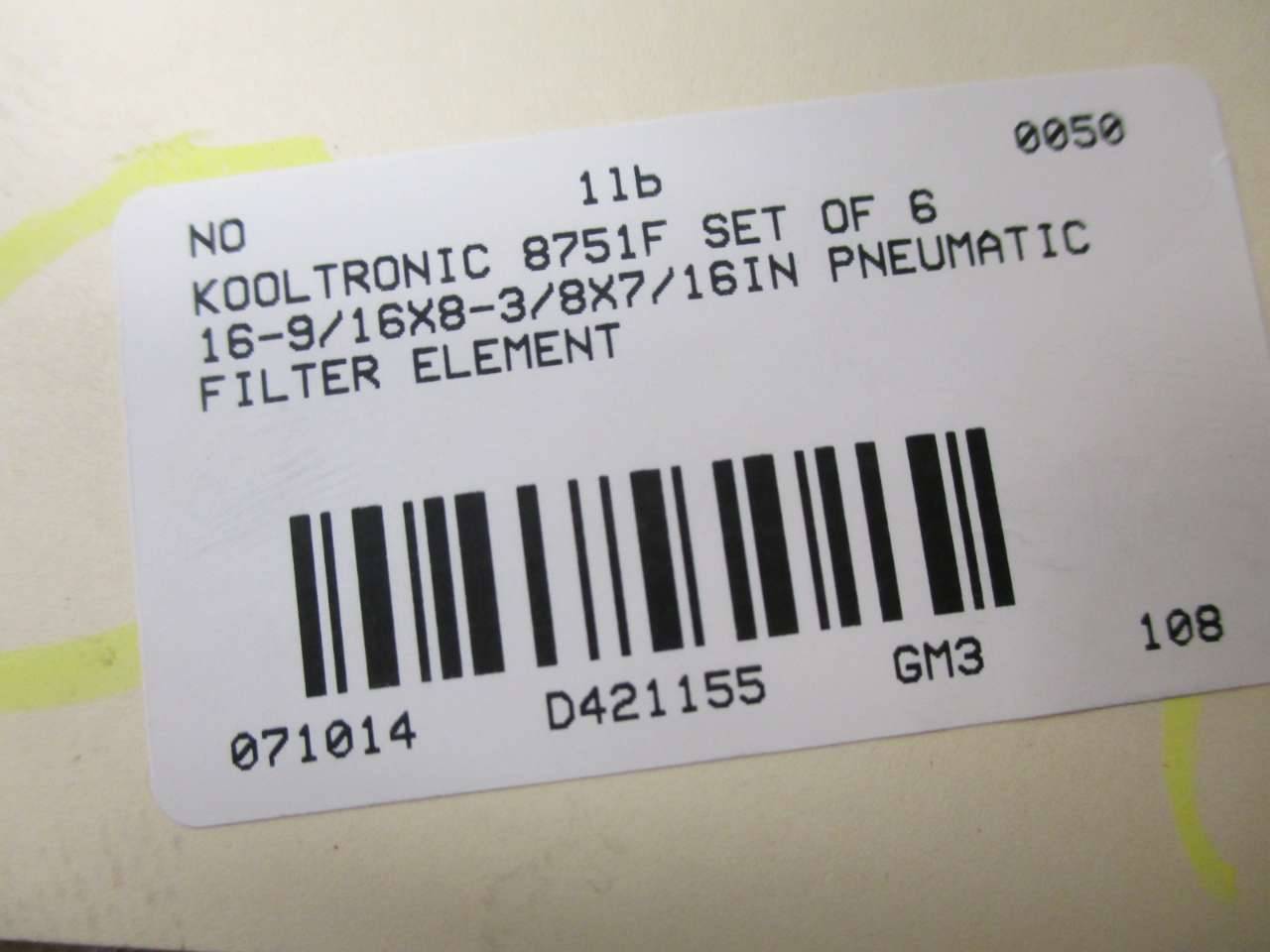 Package of 6 1/2 x 4 13/16 x 16 5/8 Kooltronic 5251F Filter 