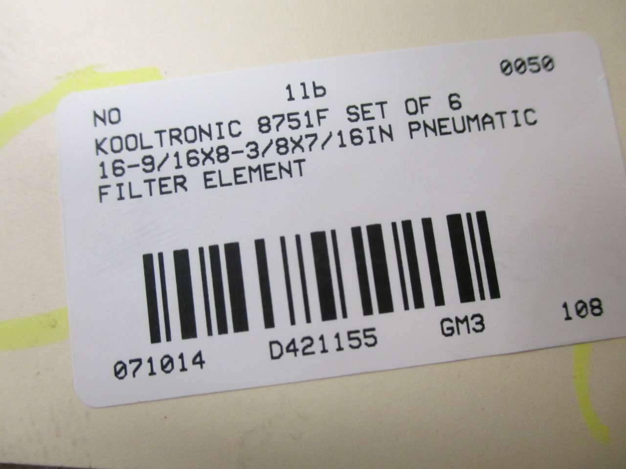 Package of 6 1/2 x 4 13/16 x 16 5/8 Kooltronic 5251F Filter Package of 6 1/2 x 4 13/16 x 16 5/8 Kooltronic 5251F Filter