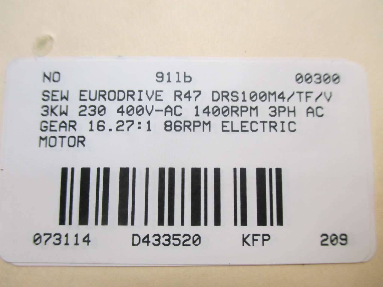 Sew Eurodrive R47 Drs100m4 Tf V 3kw 400v Ac Gear 16 27 1 86rpm Motor D433520