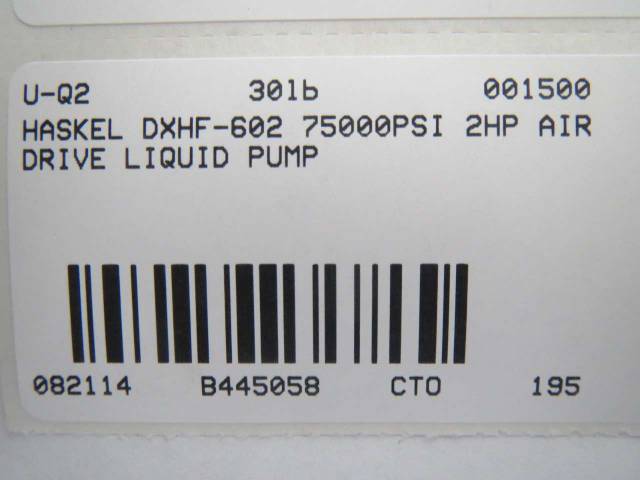 HASKEL DXHF-602 75000PSI 602:1 2HP PNEUMATIC AIR DRIVEN LIQUID PUMP B445058