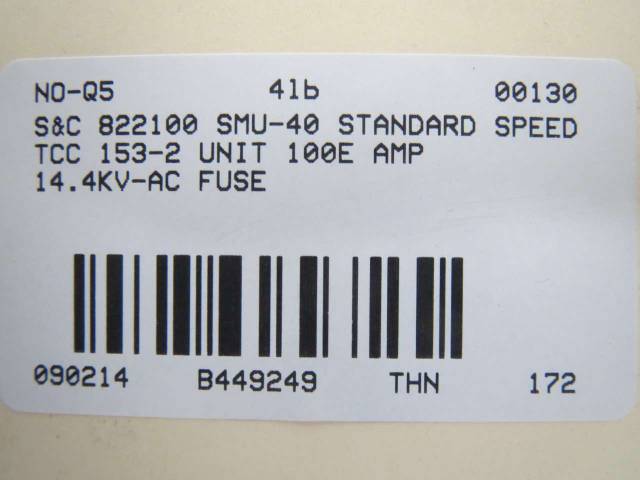 S&C 822100 SMU-40 STANDARD SPEED TCC 153-2 100E 14.4KV-AC FUSE UNIT B449249