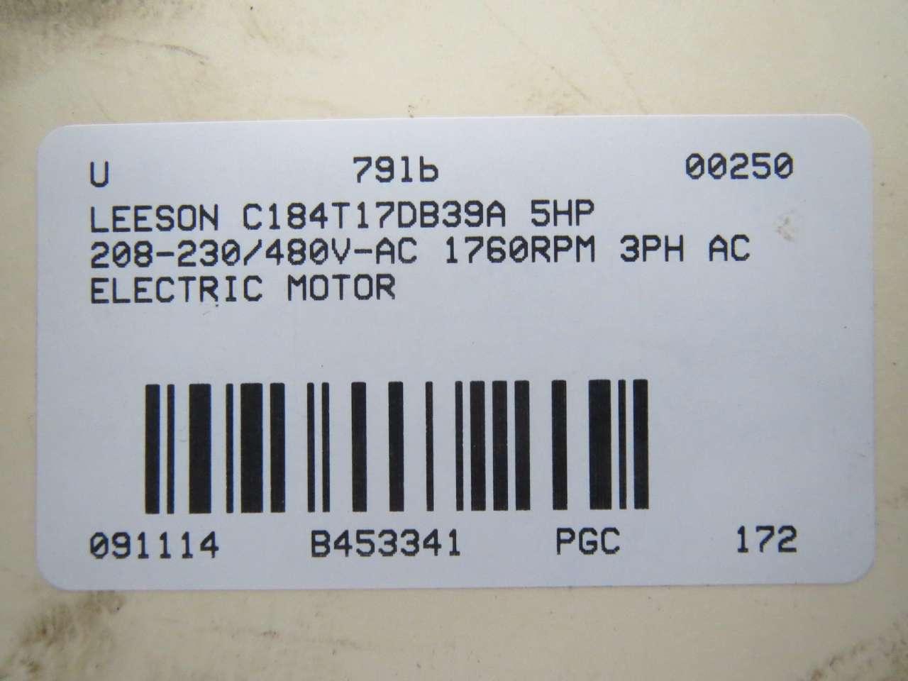 Leeson C184T17DB39A 5hp 208-230/480v-ac 1760rpm 3ph Ac Electric Motor  B453341