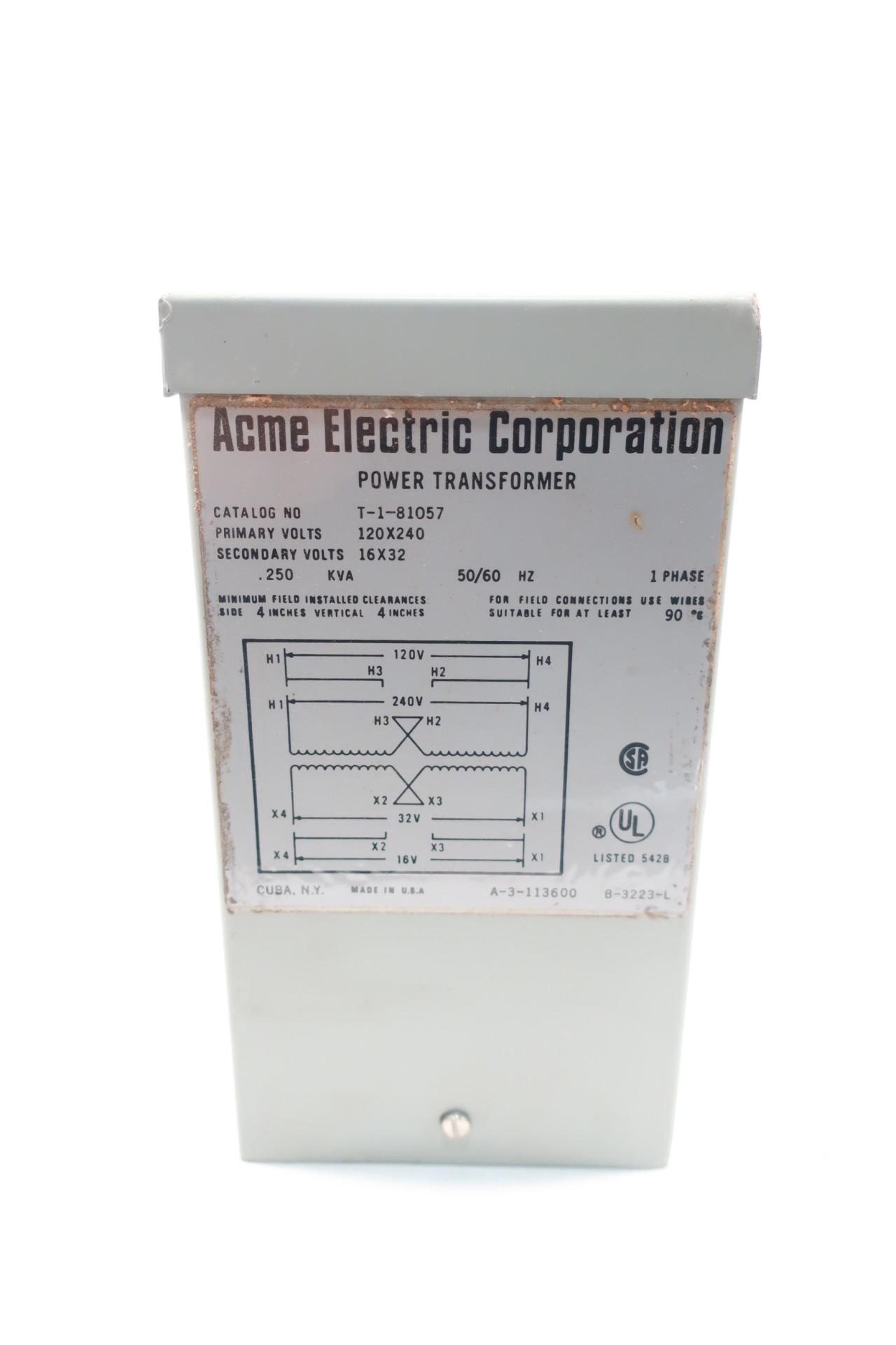 Acme T-1-81057 Power Transformer 1ph 0.25kva 120/240v-ac 16/32v-ac 