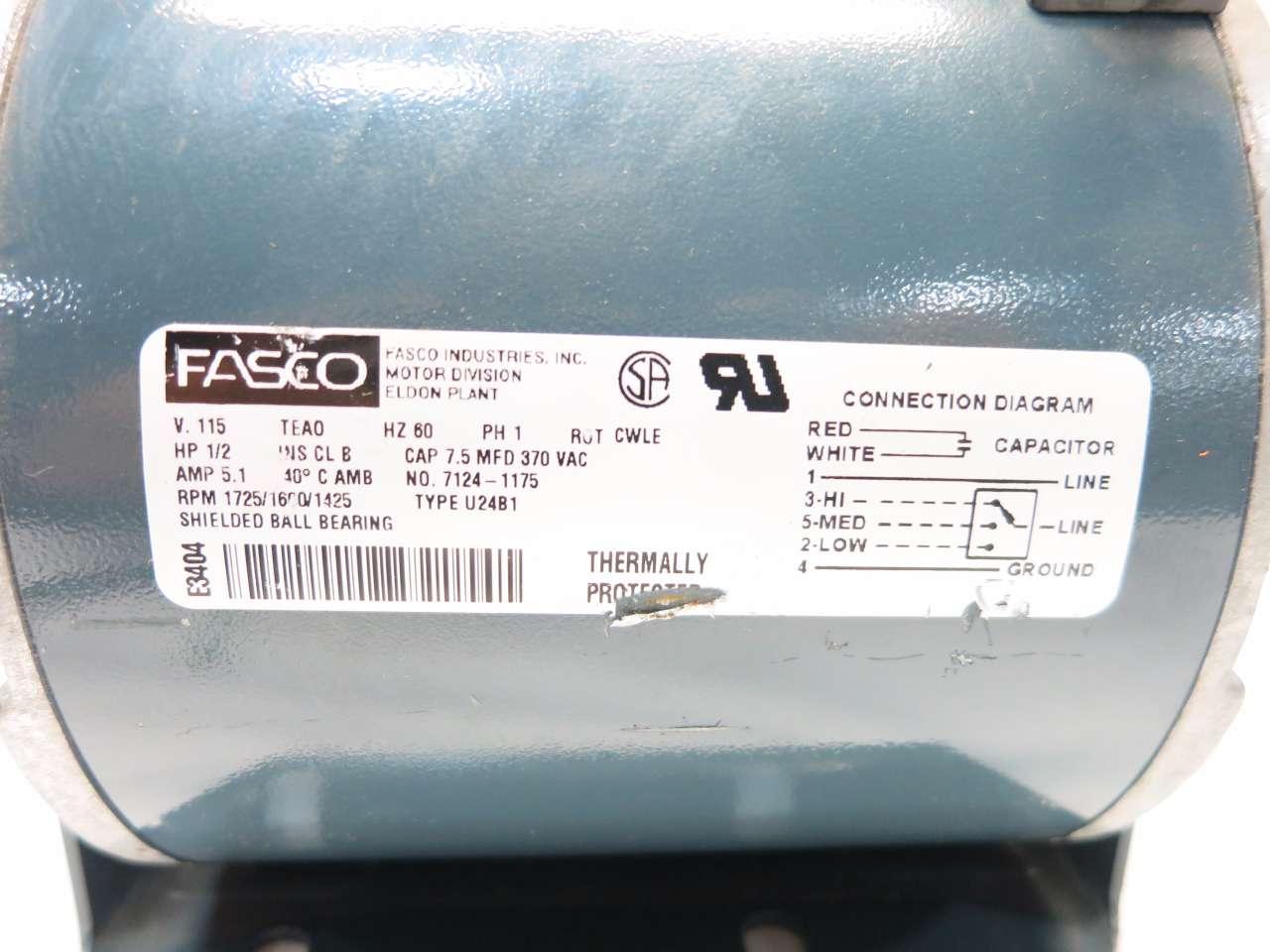 Fasco U24B1 7124-2392 Electric Motor 120v 1/2HP 5A 60/50HZ 1650/850 RPM 1-Phase 