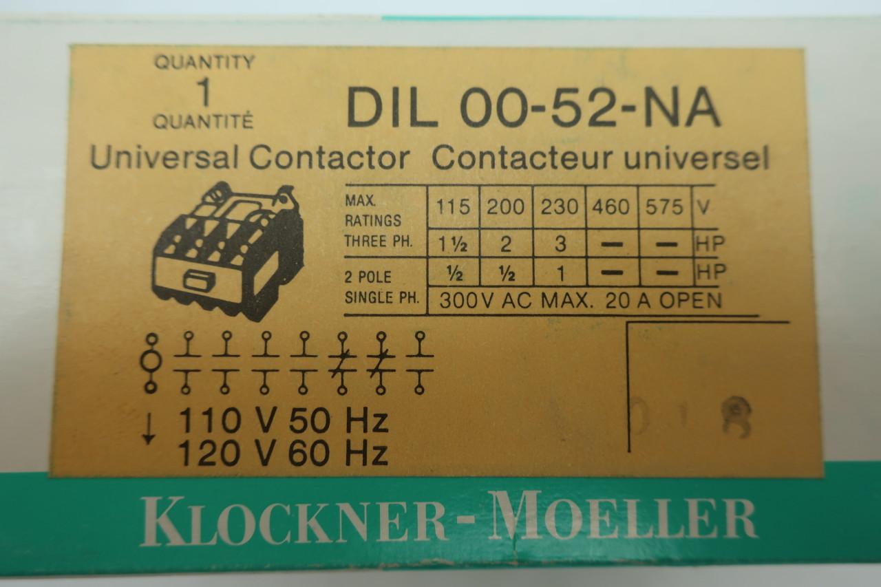 120V/60Hz Coil 277VAC Max Klockner Moeller DIL 00-52-NA Contactor 20A Open 