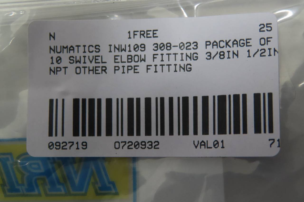 Pack of 10 NUMATICS F-INWB109-308-023 3/8IN Tube 1/2IN NPT Brass Swivel Elbow Pack of 10 NUMATICS F-INWB109-308-023 3/8IN Tube 1/2IN NPT Brass Swivel Elbow