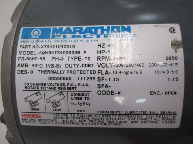 MARATHON X70421042010 6QM56T340550B P 5HP 208-230/460V-AC 3450RPM MOTOR ...