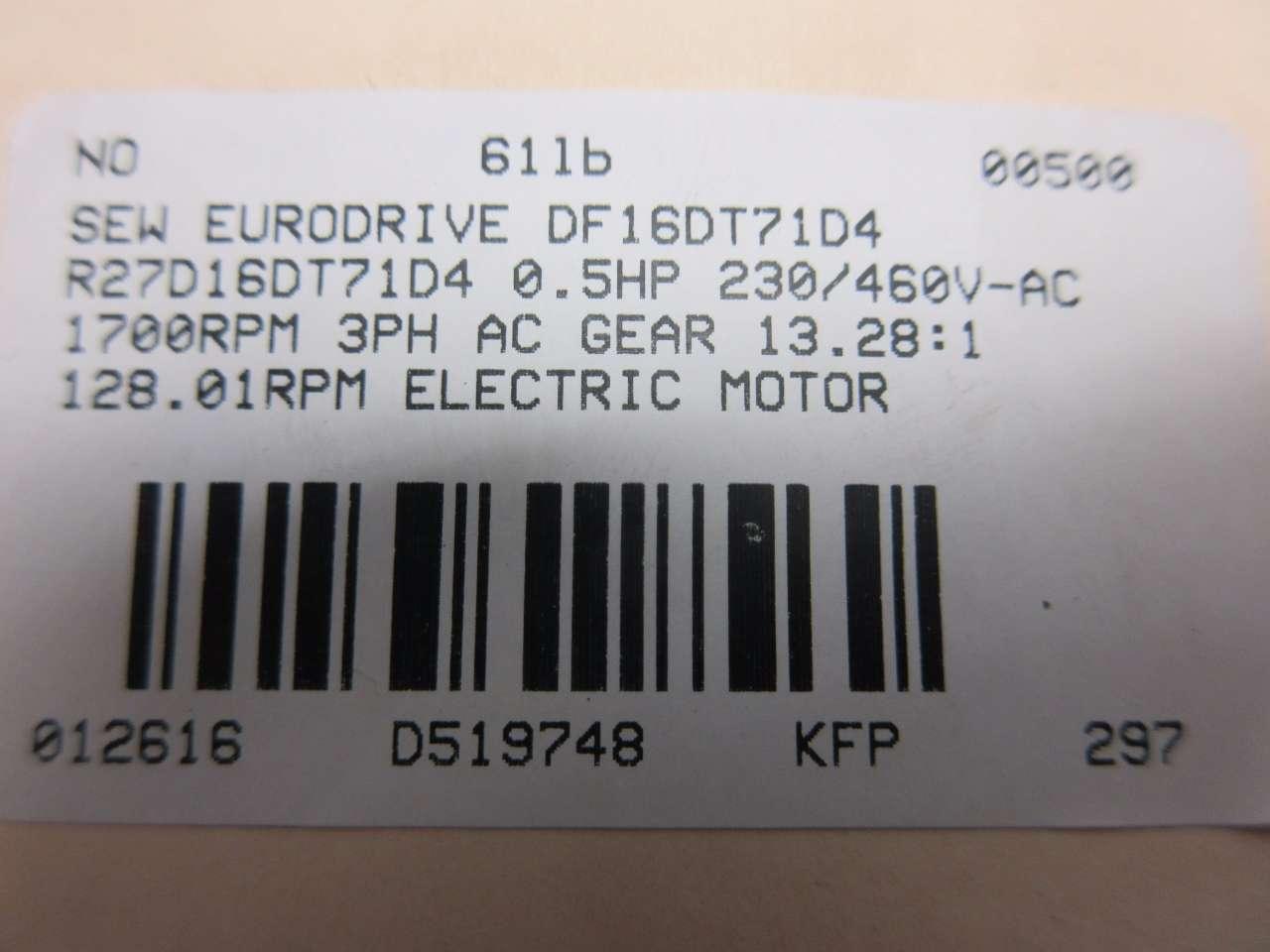 Details about   SEW-EURODRIVE 1700RPM MOTOR DF16DT71D4 