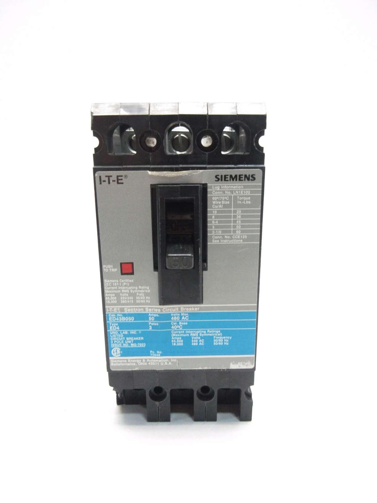 ITE ED43B050 SIEMENS 3P 50A AMP 480V-AC MOLDED CASE CIRCUIT BREAKER D526973