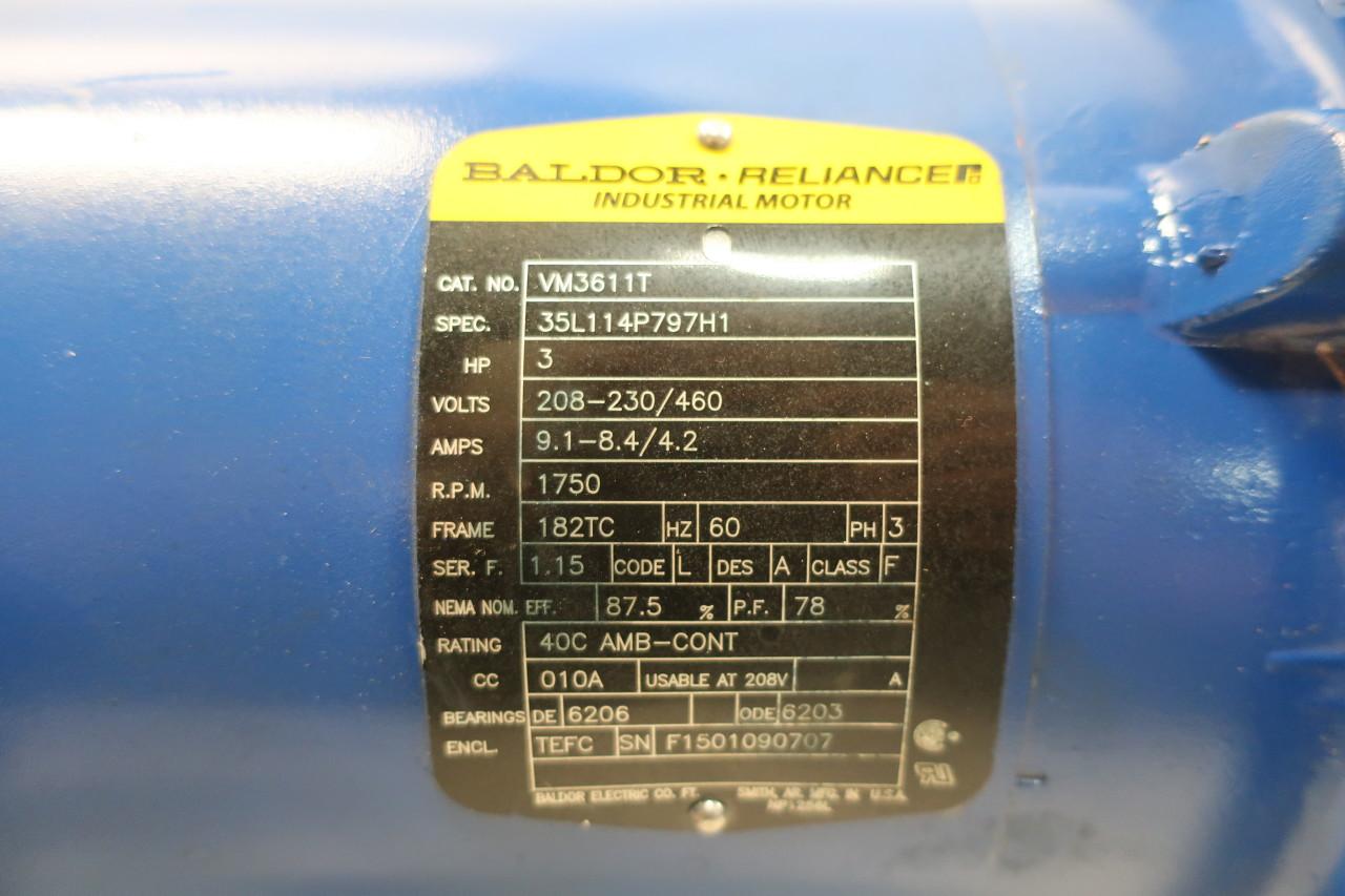 Baldor Reliance VM3611T Hp 3 208 230 460v 1750 rpm frame 182TC 60 day warranty 