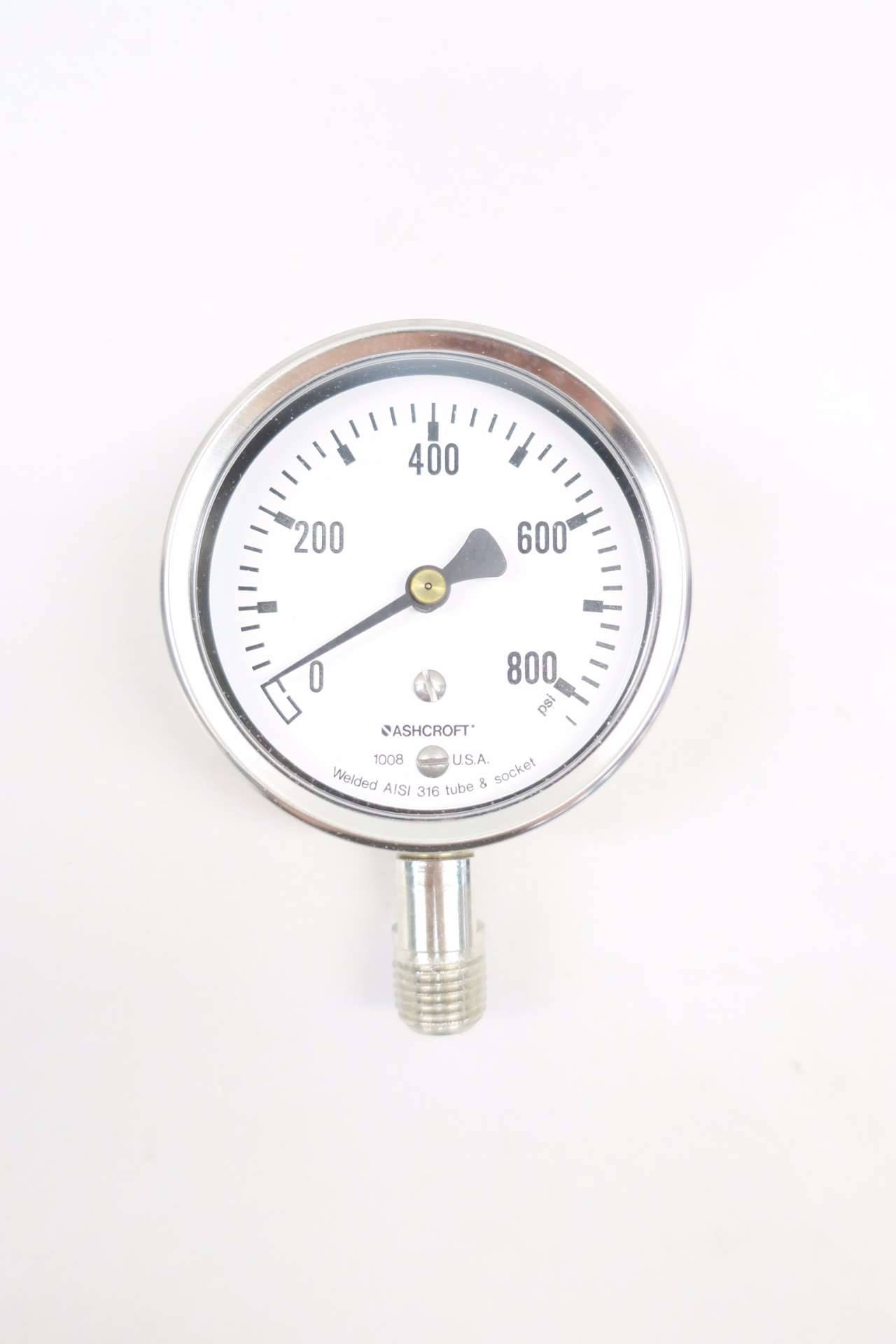 ASHCROFT 63-1008-S-02L-800 STAINLESS STEEL GAUGE 0-800 PSI 2-3/4" DIA 3
