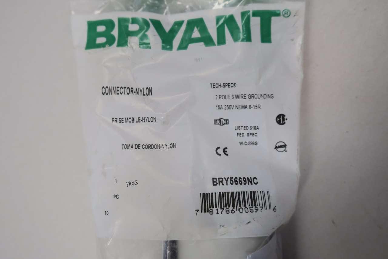10 Bryant Connector-Nylon 15A 250V NEMA 6-15R 2 Pole 3 Wire Grounding #BRY5669NC 