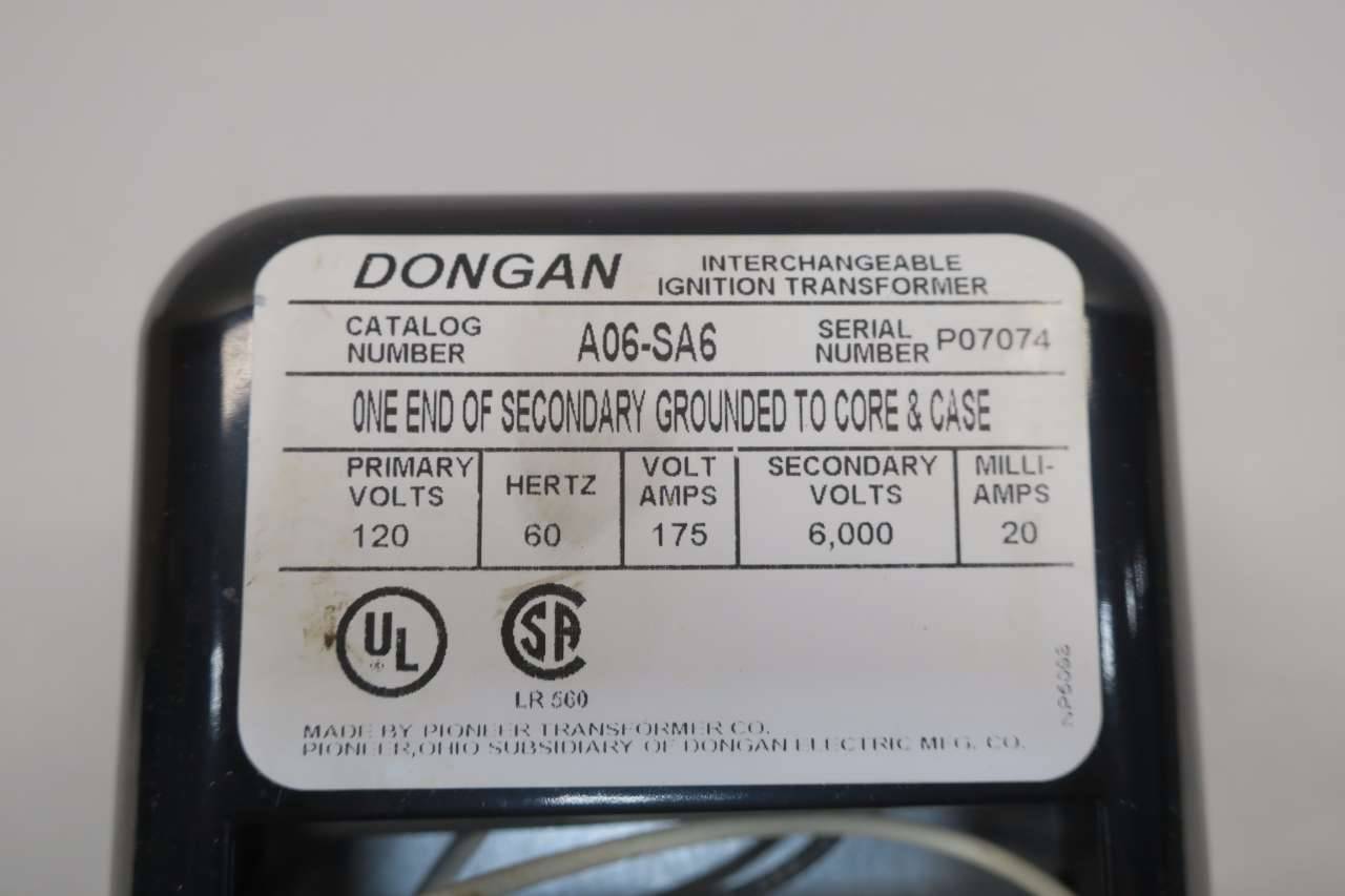 60 Hz Dongan Transformer A06-SA6 Industrial Ignition Transformer 120V Primary Volts 175 VA 6,000V Secondary Volts 