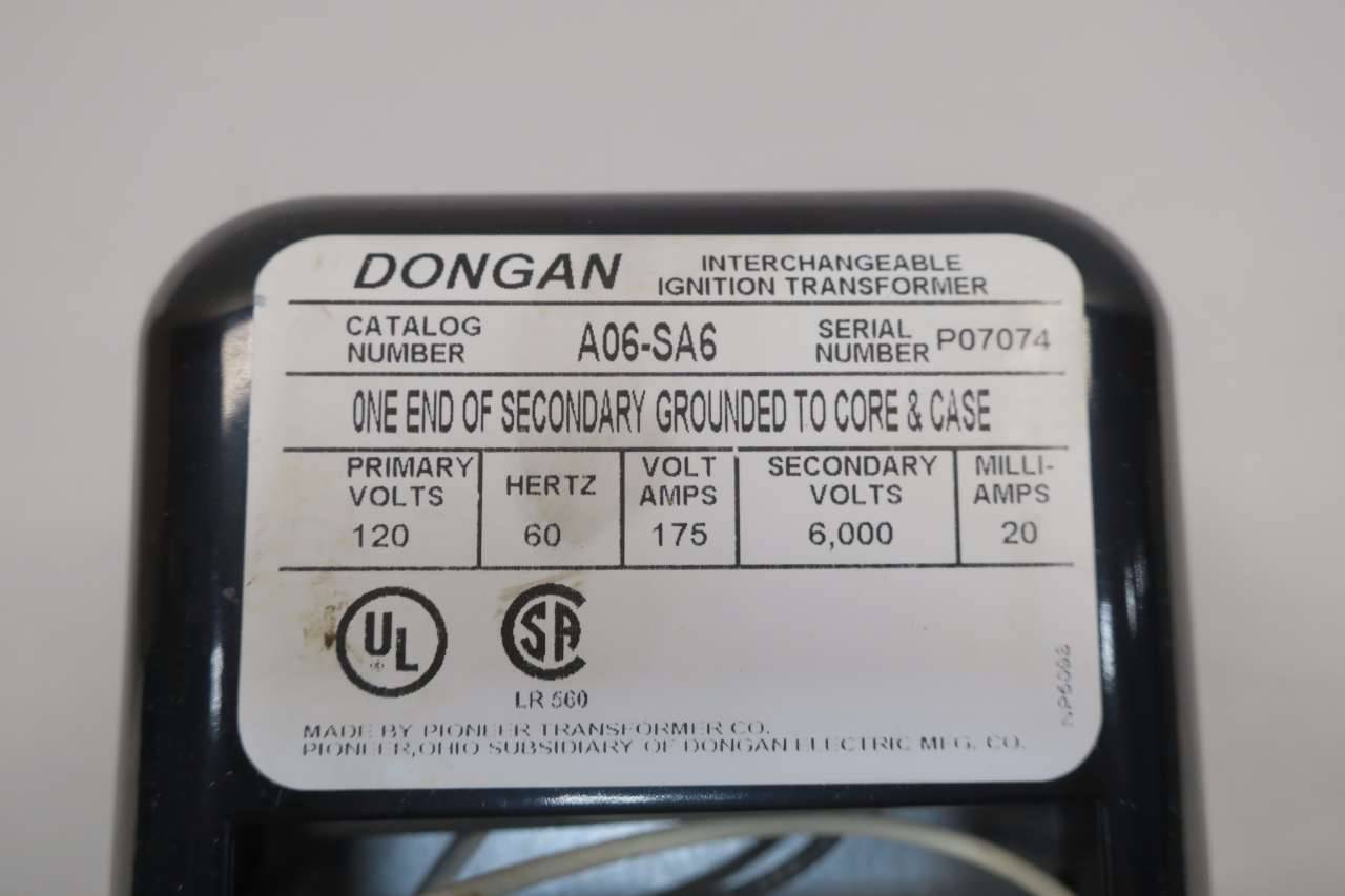 60 Hz 120V Primary Volts Dongan Transformer A06-SA6 Industrial Ignition Transformer 6,000V Secondary Volts 175 VA 60 Hz 120V Primary Volts Dongan Transformer A06-SA6 Industrial Ignition Transformer 6,000V Secondary Volts 175 VA