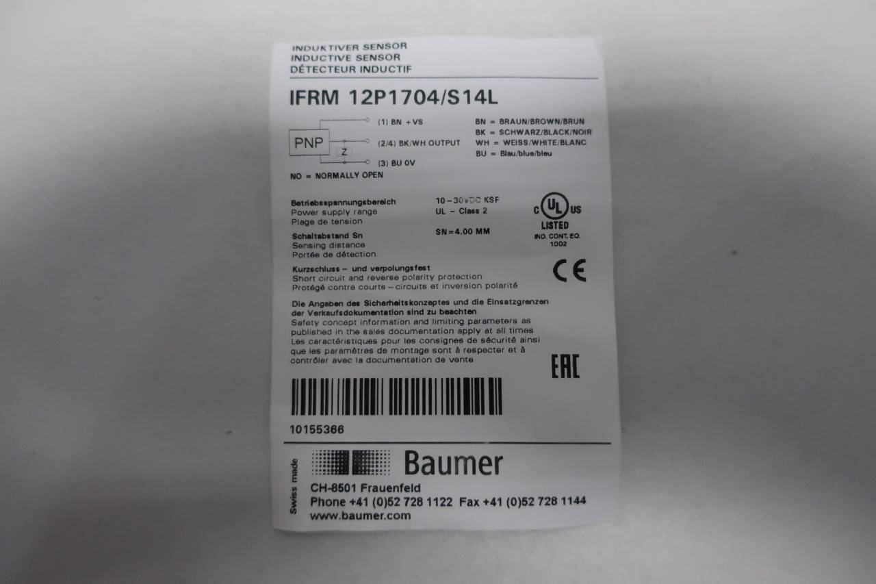 Baumer IFRM 12P1704/S14L 10155366 Sn-4mm 10-30v-dc Inductive Proximity  Sensor