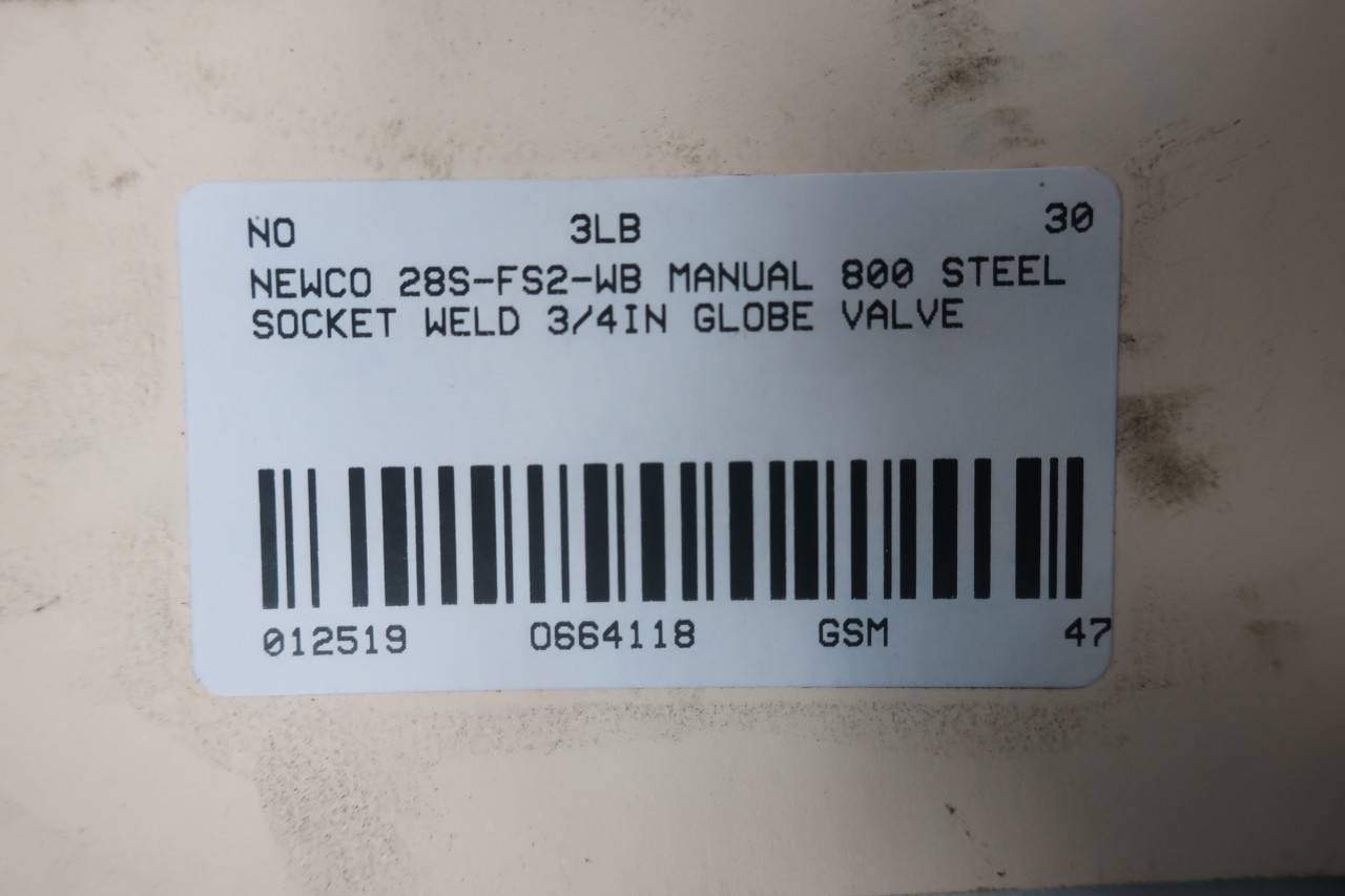 NEWCO 28S-FS2-WB Manual 800 Steel Socket Weld 3/4IN Globe Valve NEWCO 28S-FS2-WB Manual 800 Steel Socket Weld 3/4IN Globe Valve
