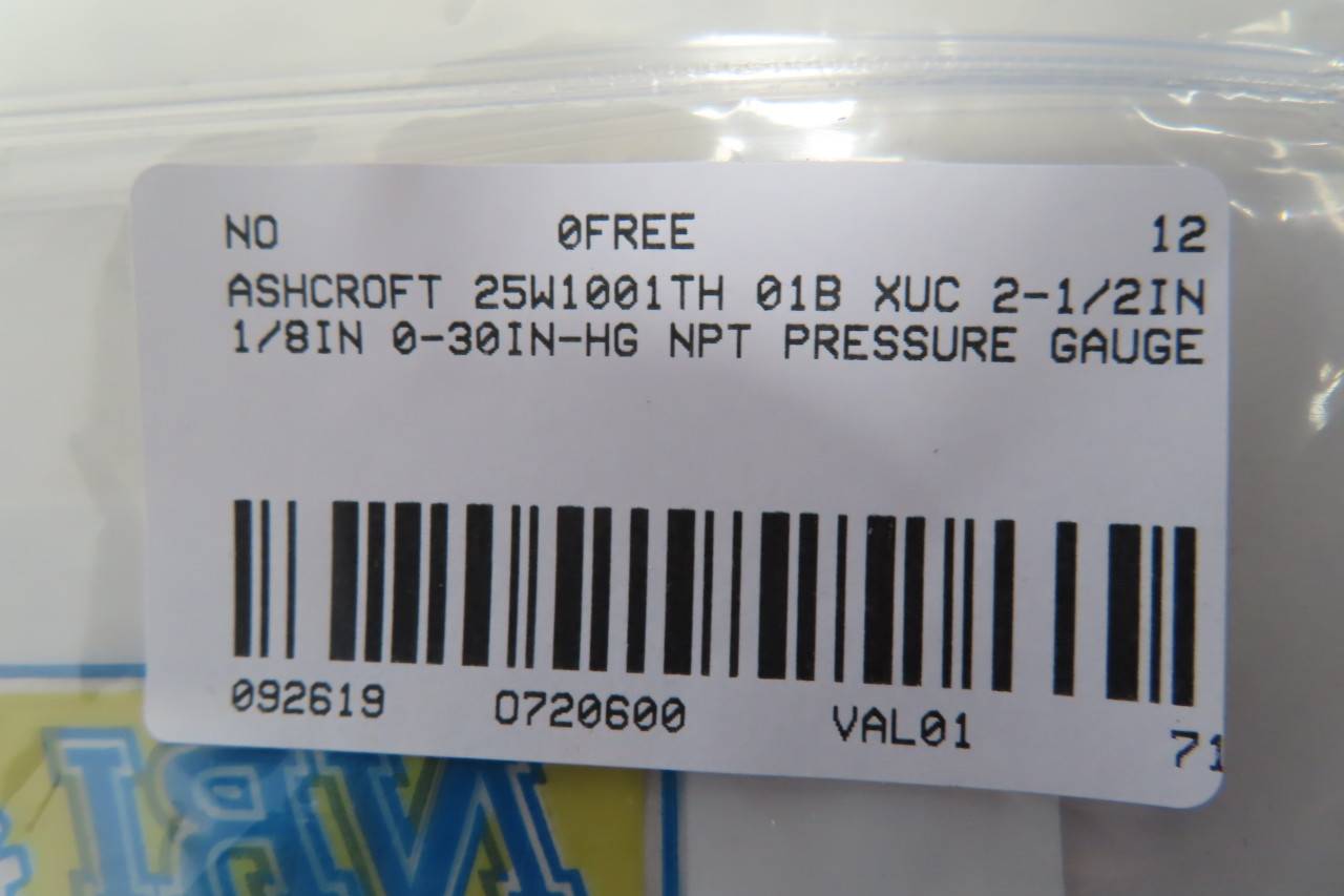 ASHCROFT 25W1001TH 01B XUC 2-1/2IN 0-30IN-HG Pressure Gauge ASHCROFT 25W1001TH 01B XUC 2-1/2IN 0-30IN-HG Pressure Gauge