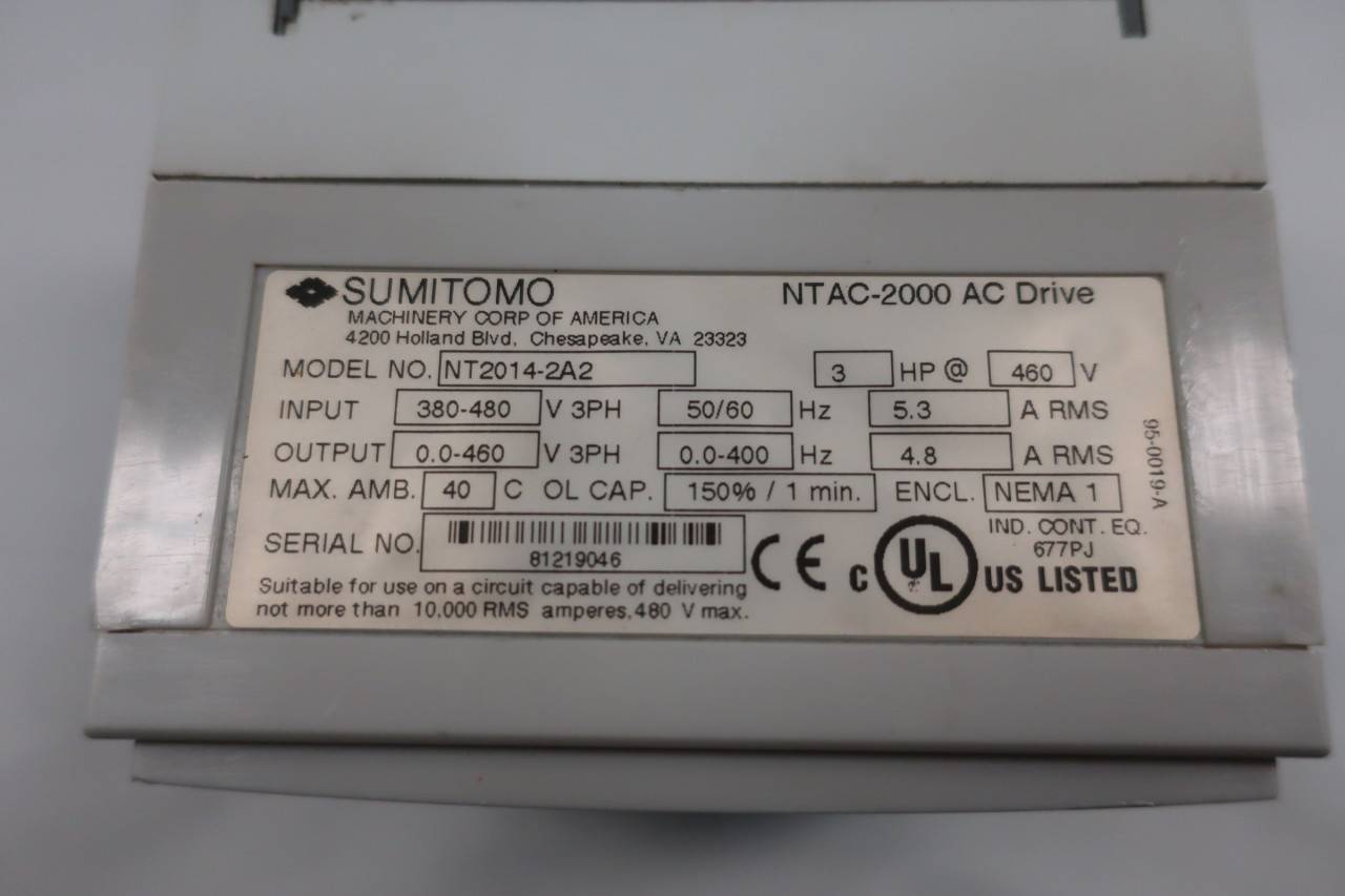 Sumitomo NT2014-2A2 Ntac 2000 Ac Motor Drive 4.8a 0-400hz 3hp 0