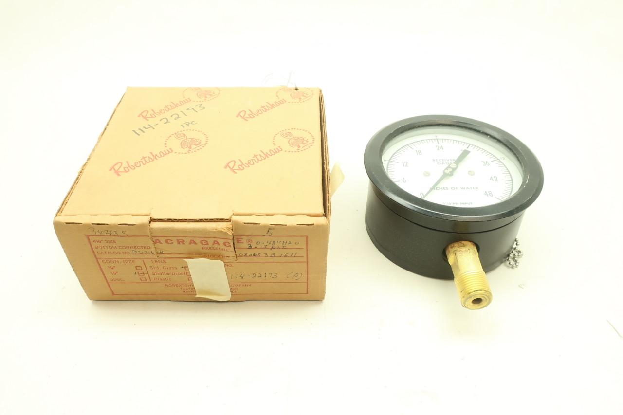 Robertshaw T22-314-B Acragage Pressure Gauge 4-1/2in 0-48in-h2o 1/2in Npt