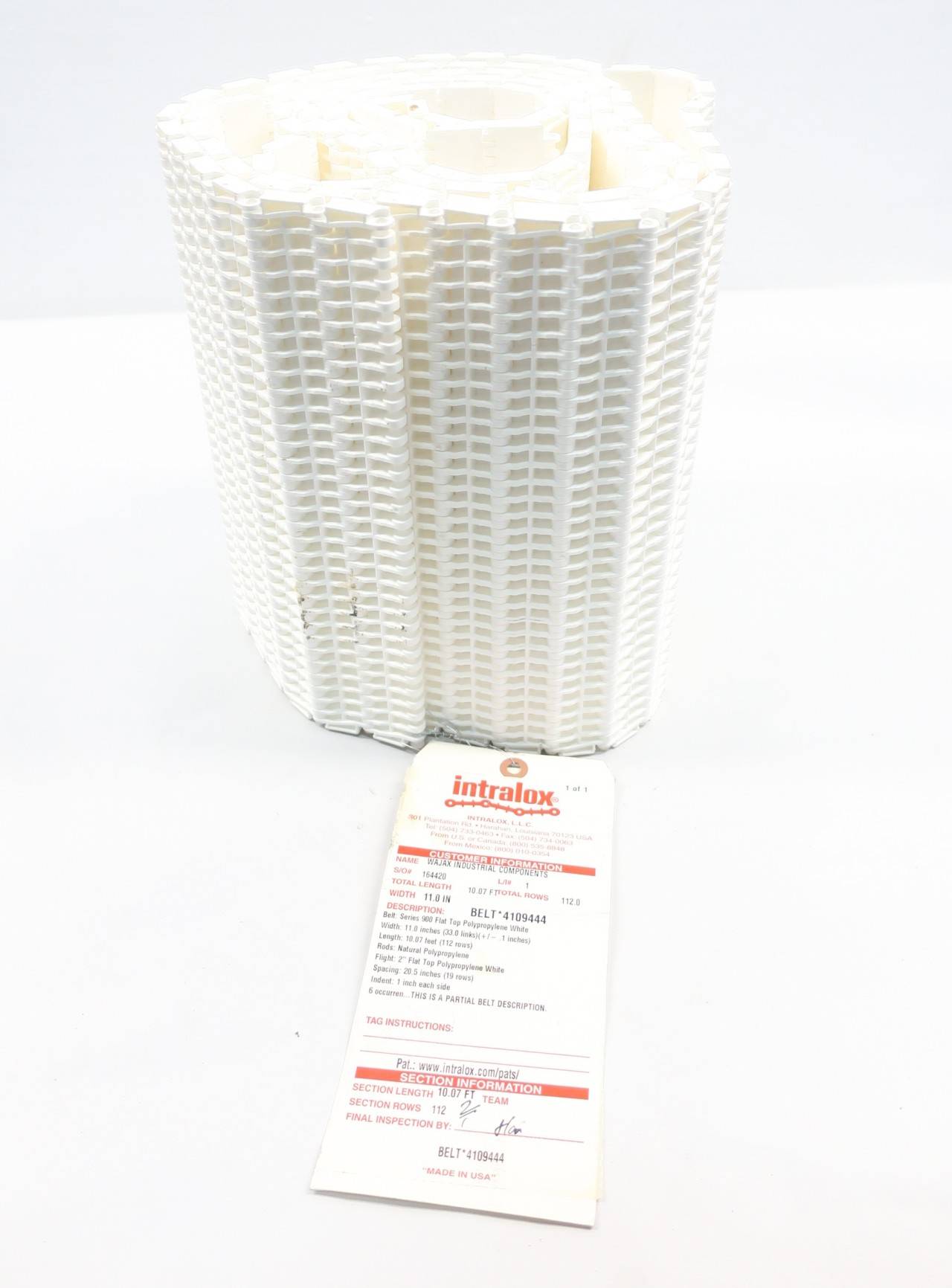 Intralox 4109444 Series 900 Flat Top Polypropylene White Belt 10.07ft 11in