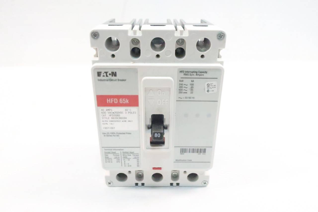 Eaton HFD3080 Molded Case Circuit Breaker 3p 80a Amp 600v-ac