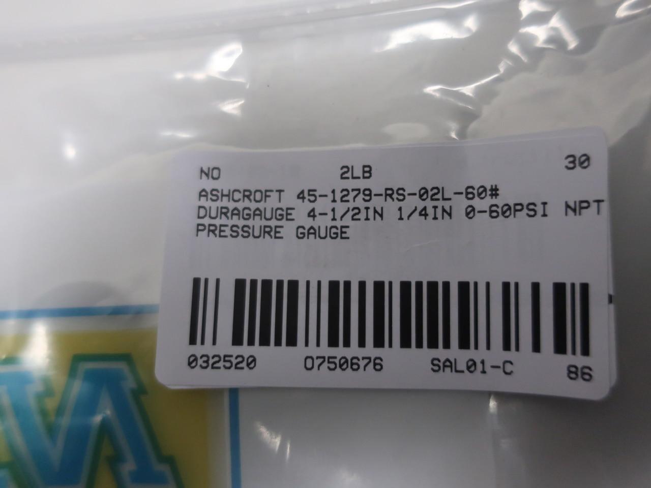 Ashcroft 45-1279-RS-02L-60# Duragauge 4-1/2in 0-60psi 1/4in Npt Pressure Gauge 